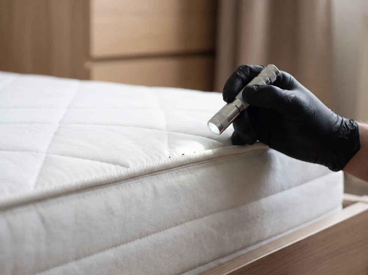 Inspectie van een matrasnaad met zaklamp op sporen van bedwantsen