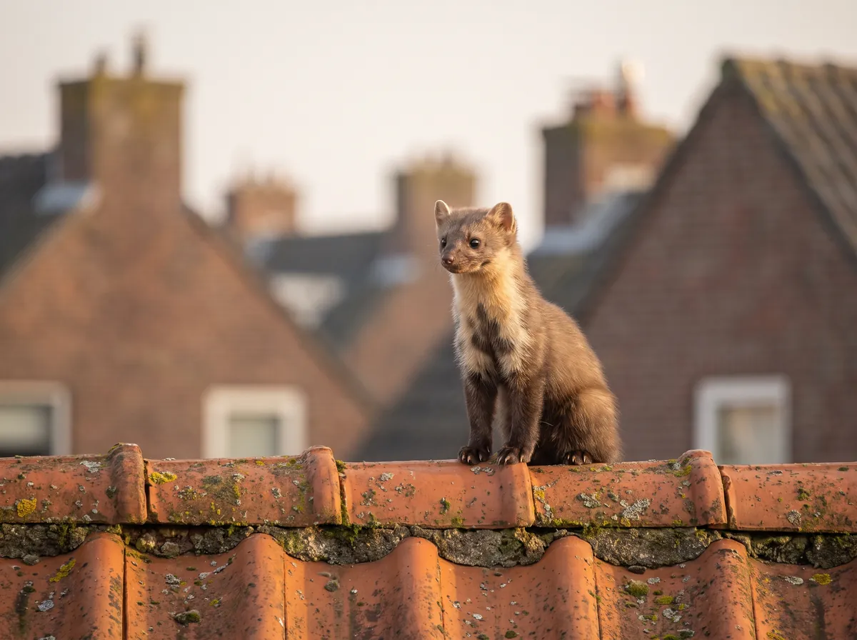 Steenmarter op de dakpannen van een woning
