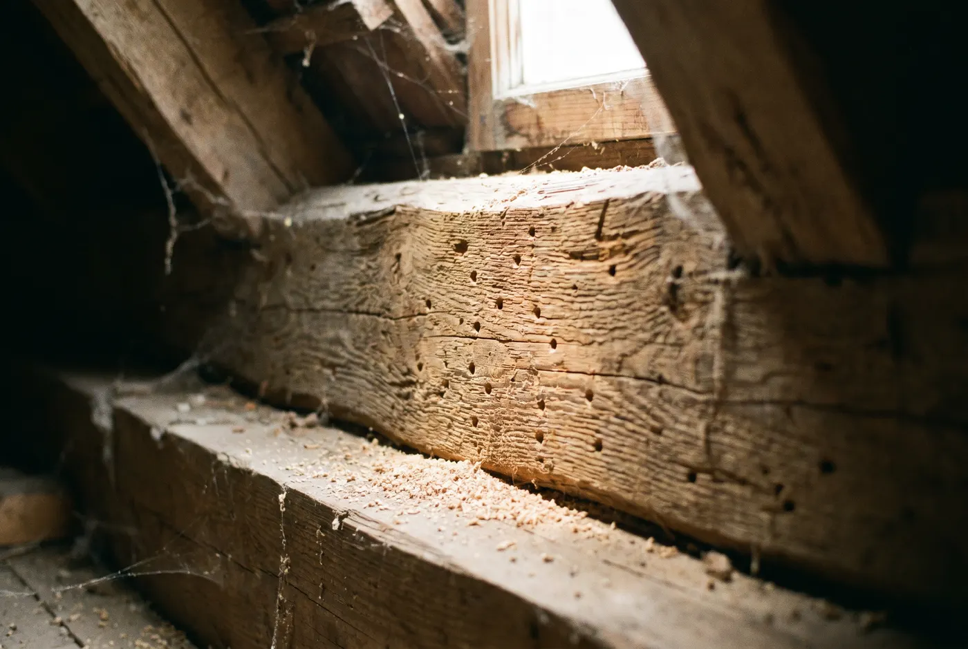 Houtworm­gaatjes en houtmeel in een oude houten balk