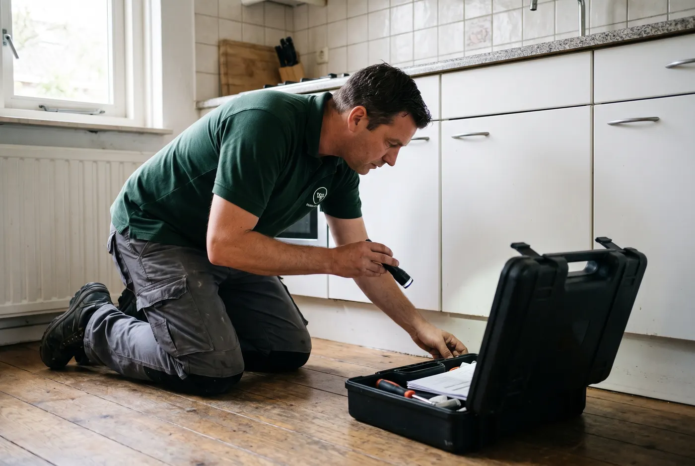 Bestrijder inspecteert een woning op sporen van ongedierte