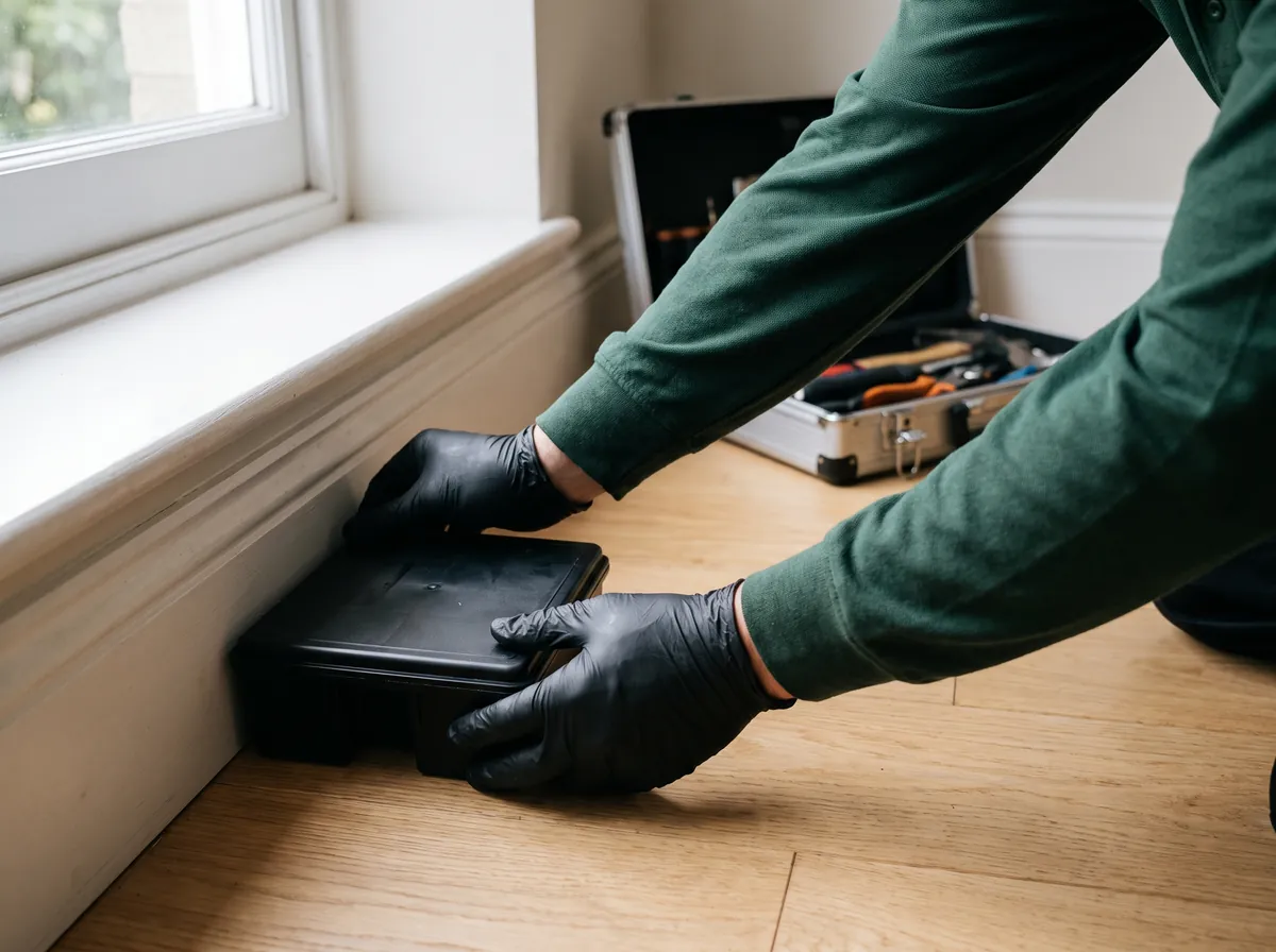 Bestrijder plaatst een professionele lokdoos langs de plint