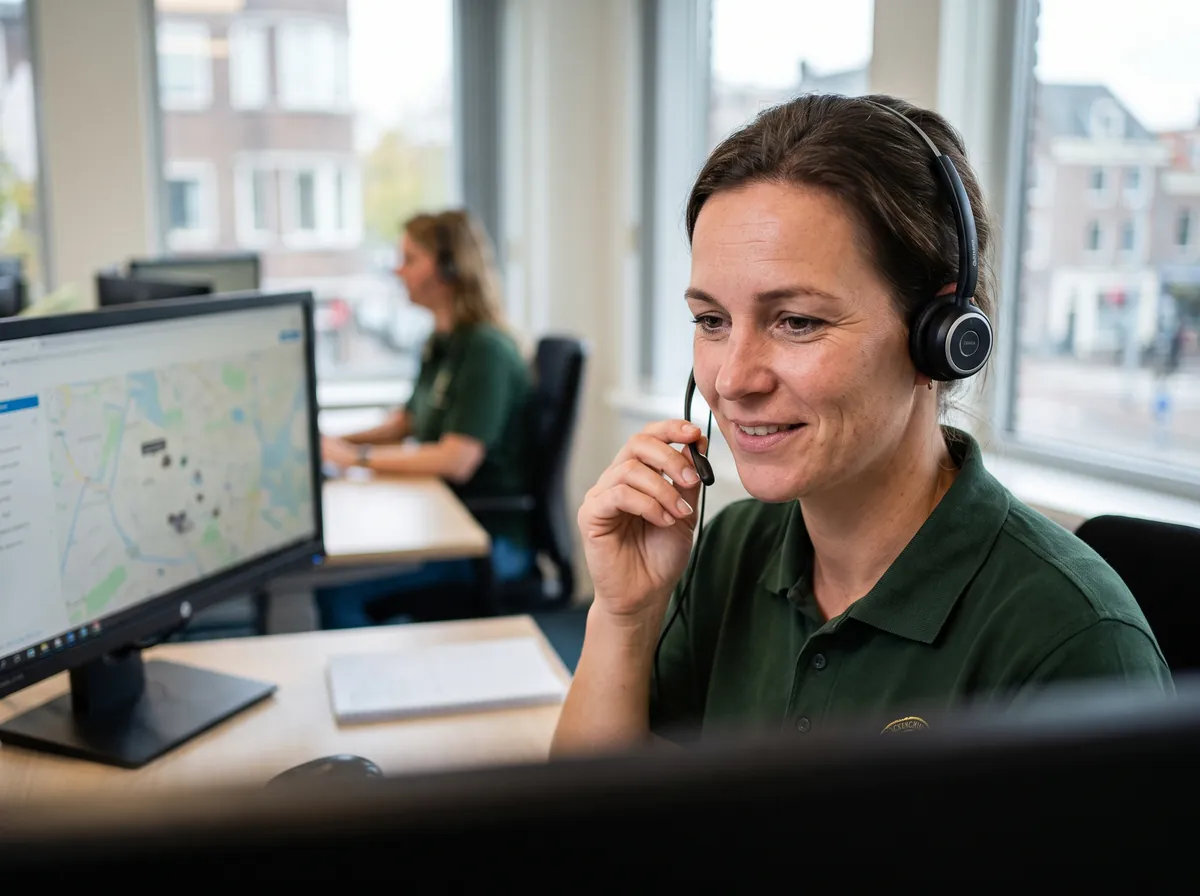 Medewerker van de 24/7 meldkamer van De Plaagmeesters aan de telefoon