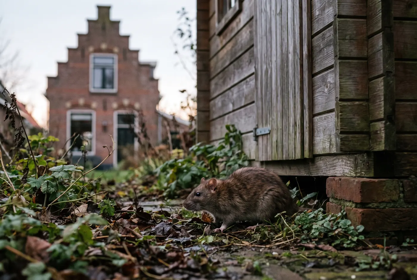 Bruine rat langs een gevel in de tuin