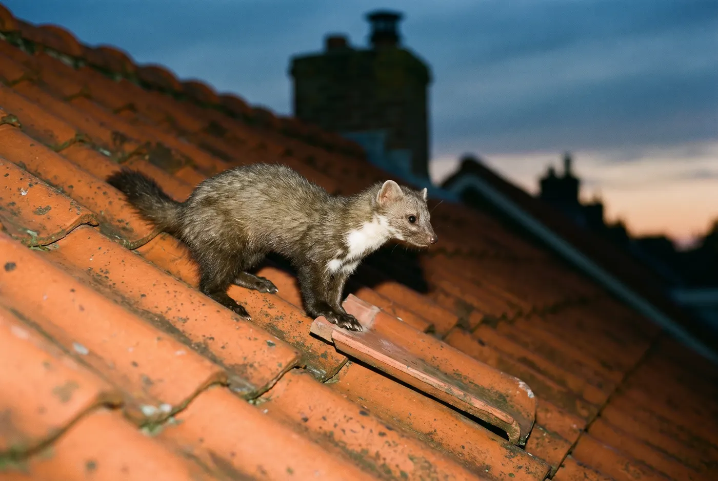 Steenmarter op de dakpannen van een woning
