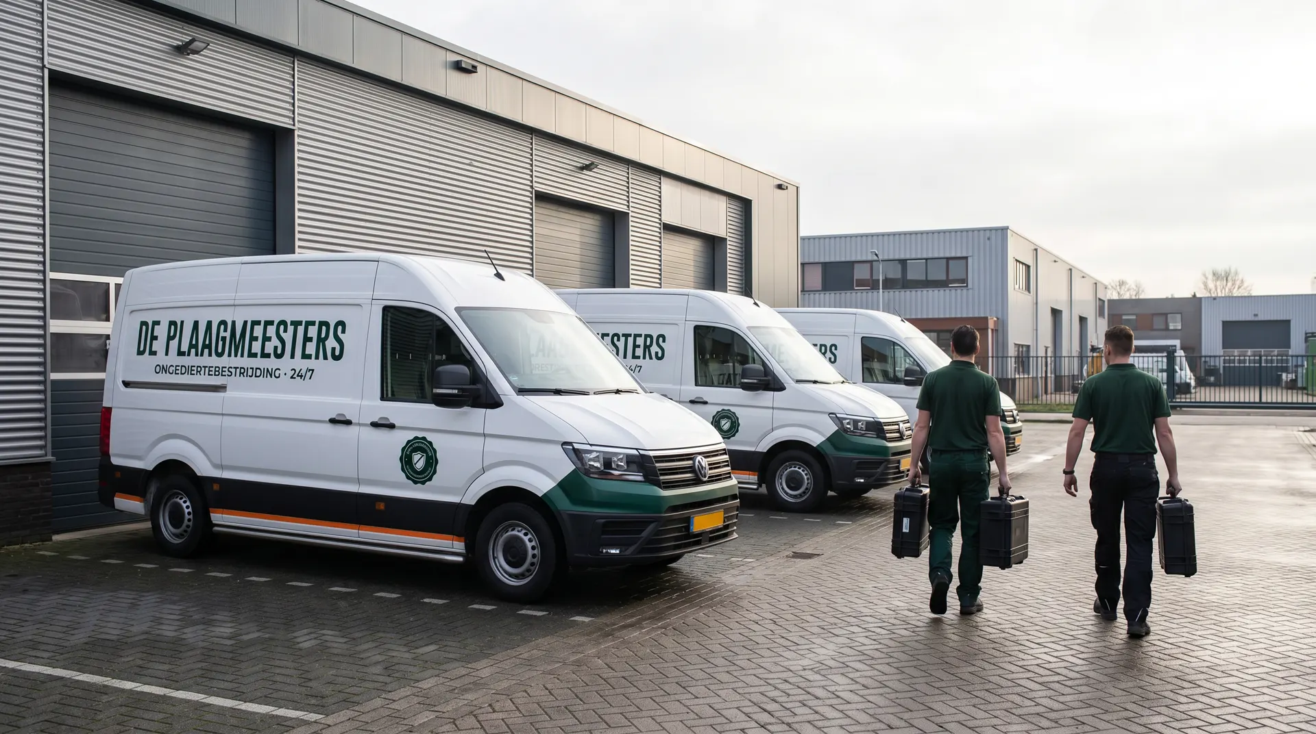 Bestrijders van De Plaagmeesters bij hun bussen